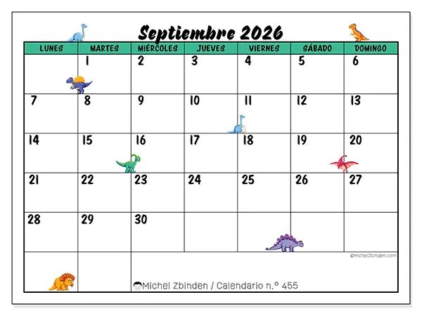 Calendario de septiembre de 2026 para imprimir - Pequeños dinosaurios