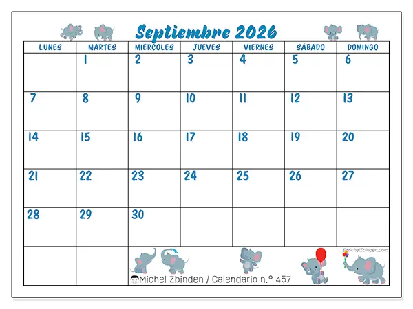 Calendario de septiembre de 2026 para imprimir - Pequeños elefantes