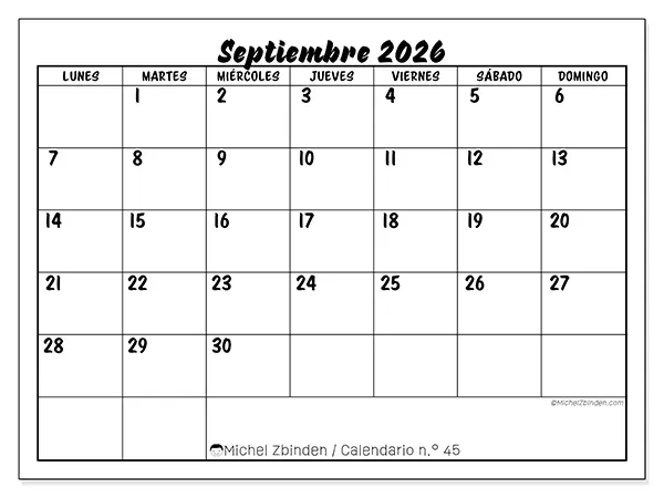 Calendario de septiembre de 2026 para imprimir - Éxito escolar