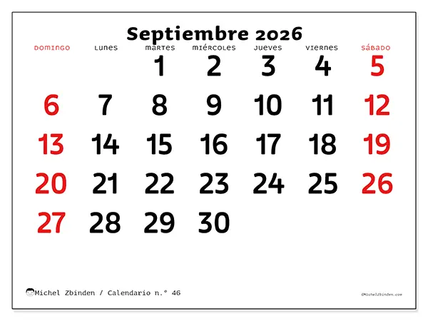 Calendario de septiembre de 2026 para imprimir - Visión clara - Semana de domingo a sábado
