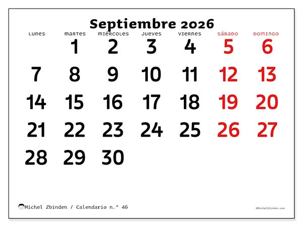 Calendario de septiembre de 2026 para imprimir - Visión clara