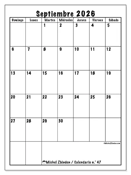Calendario de septiembre de 2026 para imprimir - Planificación eficiente - Semana de domingo a sábado