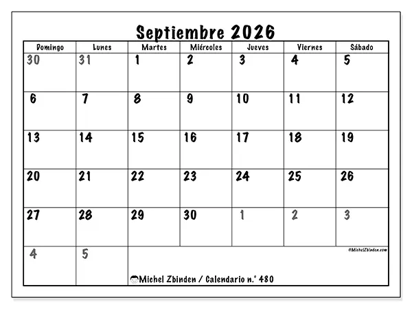Calendario de septiembre de 2026 para imprimir - Planificación completa - Semana de domingo a sábado