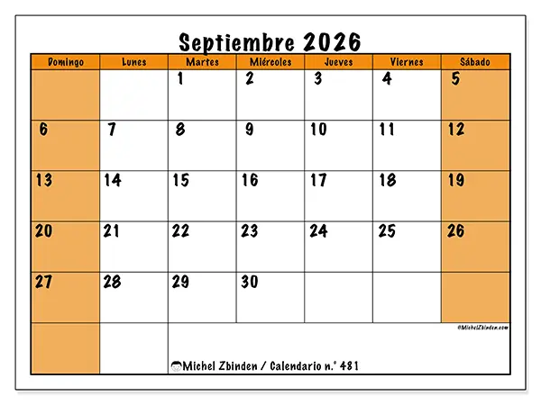 Calendario de septiembre de 2026 para imprimir - Planificación dinámica - Semana de domingo a sábado