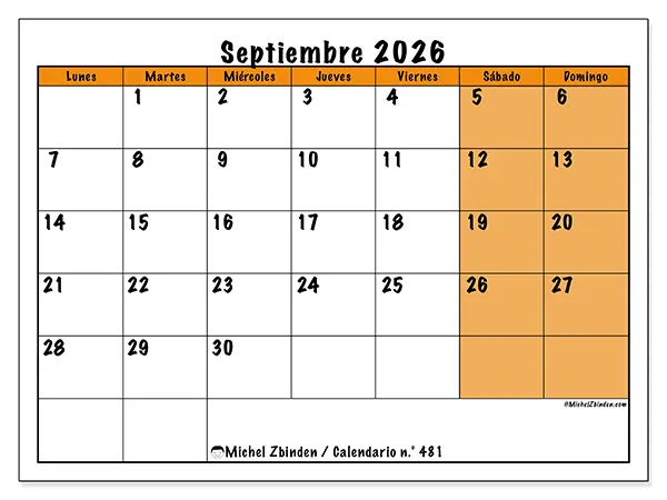 Calendario de septiembre de 2026 para imprimir
