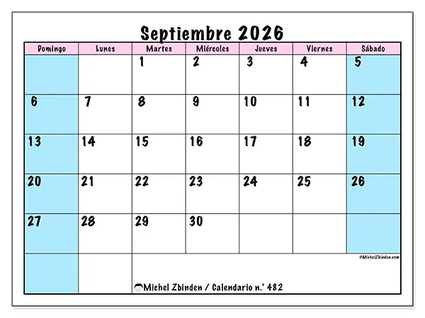 Calendario de septiembre de 2026 para imprimir - Horario de equipo - Semana de domingo a sábado