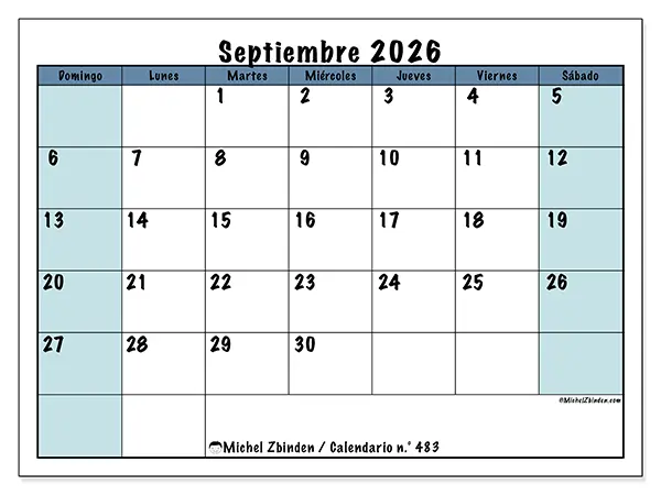 Calendario de septiembre de 2026 para imprimir - Estructura para la escuela - Semana de domingo a sábado