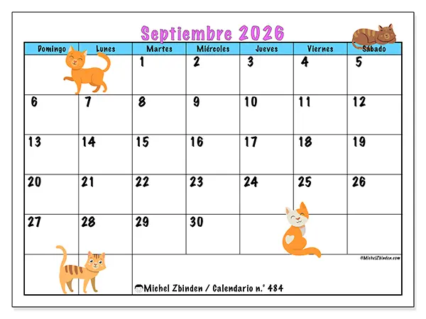 Calendario de septiembre de 2026 para imprimir - Amor por los gatos - Semana de domingo a sábado