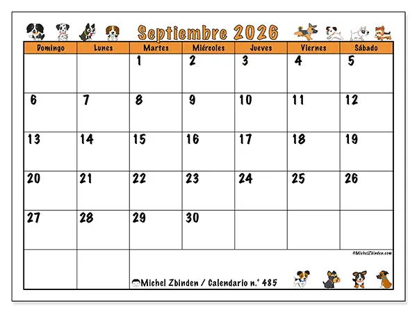 Calendario de septiembre de 2026 para imprimir - Perros entusiastas - Semana de domingo a sábado