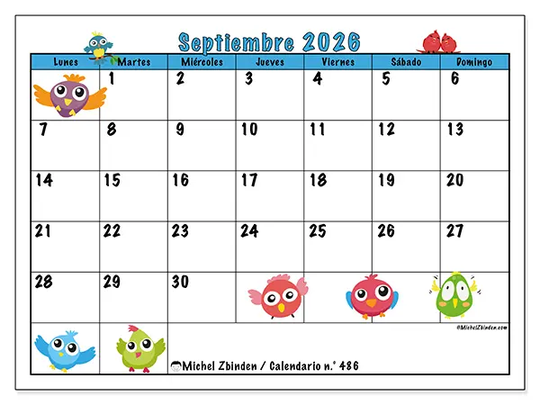 Calendario de septiembre de 2026 para imprimir - Pájaros divertidos