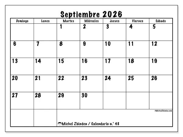 Calendario de septiembre de 2026 para imprimir - Eficiencia diaria - Semana de domingo a sábado