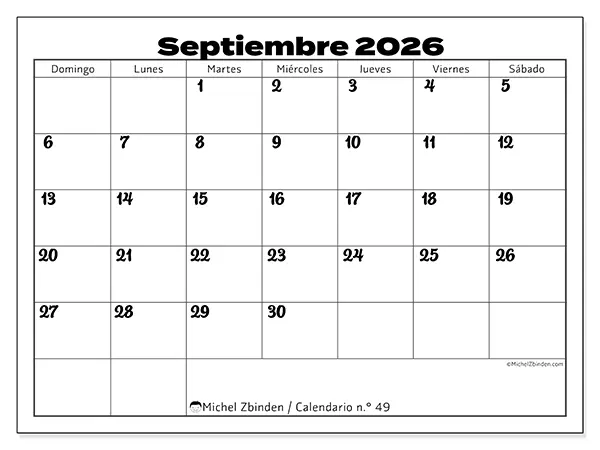 Calendario de septiembre de 2026 para imprimir - Coordinación productiva - Semana de domingo a sábado