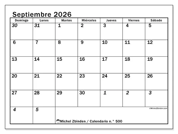 Calendario de septiembre de 2026 para imprimir - Planificación intensiva - Semana de domingo a sábado