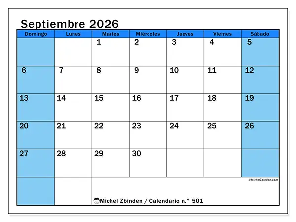 Calendario de septiembre de 2026 para imprimir - Estudios dinámicos - Semana de domingo a sábado