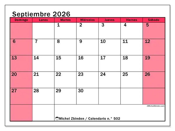 Calendario de septiembre de 2026 para imprimir - Gestión luminosa - Semana de domingo a sábado
