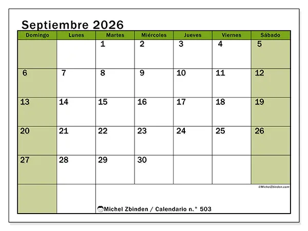 Calendario de septiembre de 2026 para imprimir - Organización viva - Semana de domingo a sábado