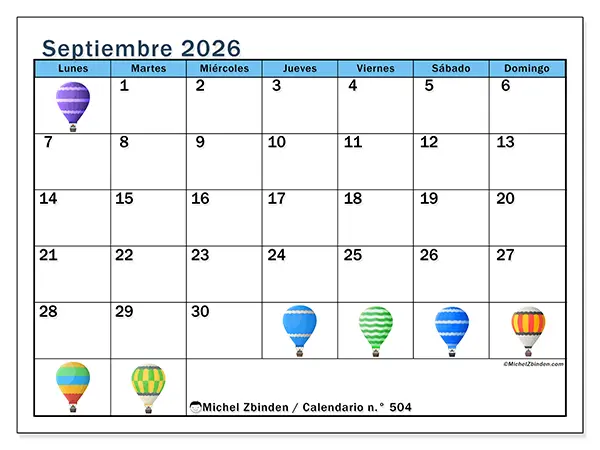 Calendario de septiembre de 2026 para imprimir - Globos aerostáticos