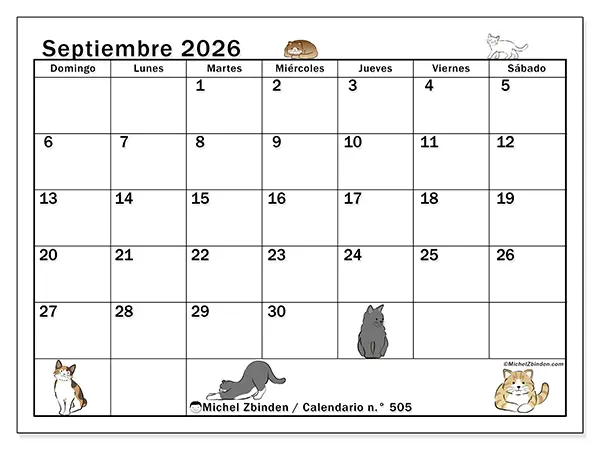 Calendario de septiembre de 2026 para imprimir - Vida de gato - Semana de domingo a sábado