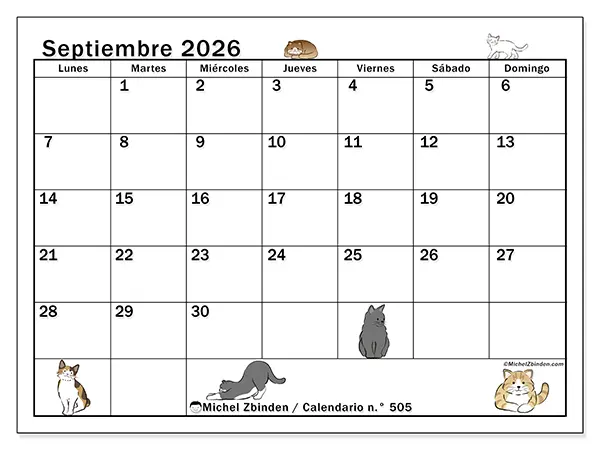 Calendario de septiembre de 2026 para imprimir - Vida de gato