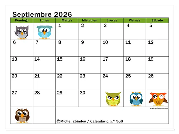 Calendario de septiembre de 2026 para imprimir - Búhos divertidos - Semana de domingo a sábado