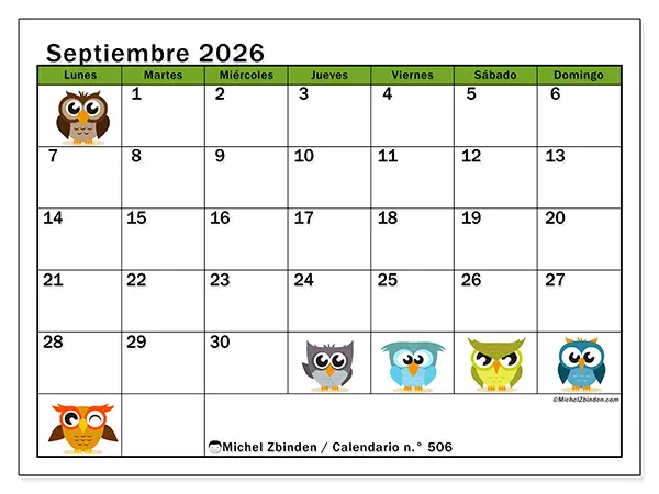 Calendario de septiembre de 2026 para imprimir - Búhos divertidos