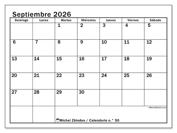 Calendario de septiembre de 2026 para imprimir - Planificación óptima - Semana de domingo a sábado