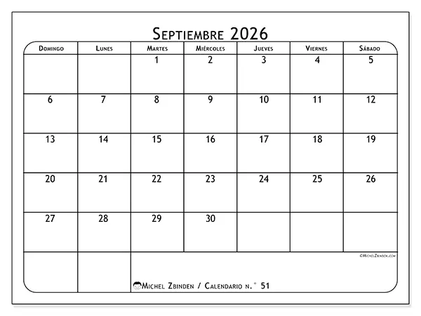 Calendario de septiembre de 2026 para imprimir - Planificador de comidas - Semana de domingo a sábado