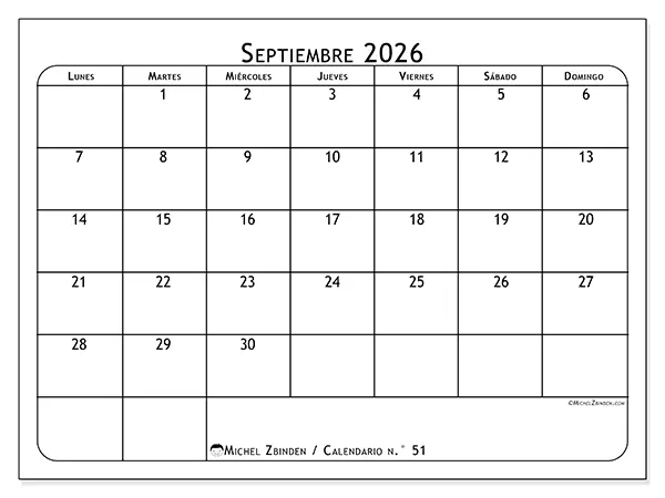 Calendario de septiembre de 2026 para imprimir - Planificador de comidas