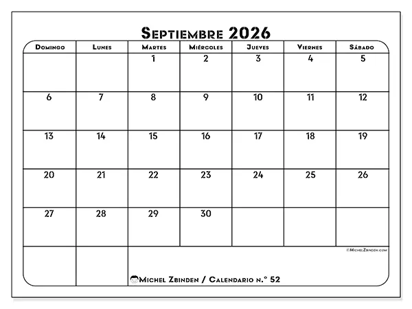 Calendario de septiembre de 2026 para imprimir - Organización profesional - Semana de domingo a sábado