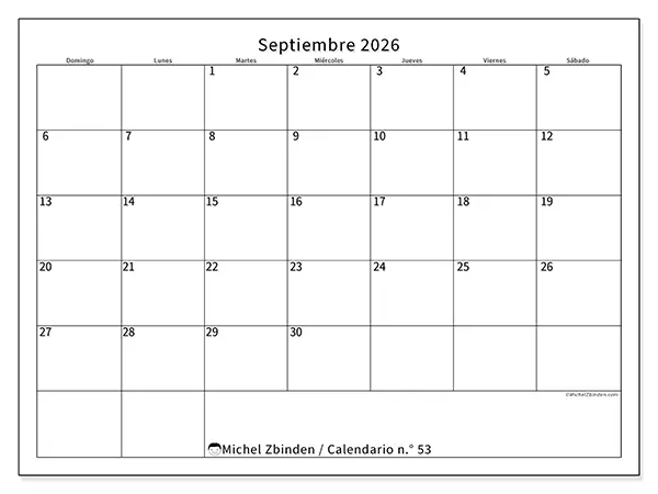 Calendario de septiembre de 2026 para imprimir - Horario eficiente - Semana de domingo a sábado