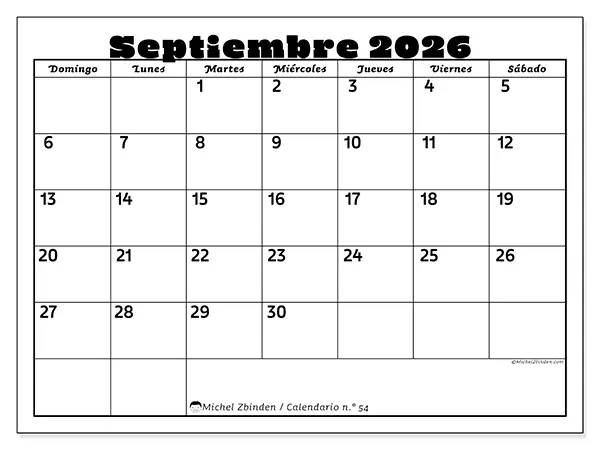 Calendario de septiembre de 2026 para imprimir - Actividades en familia - Semana de domingo a sábado