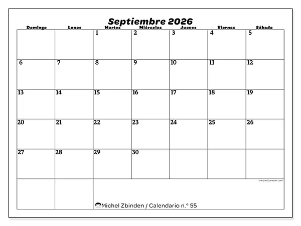 Calendario de septiembre de 2026 para imprimir - Organización del ocio - Semana de domingo a sábado