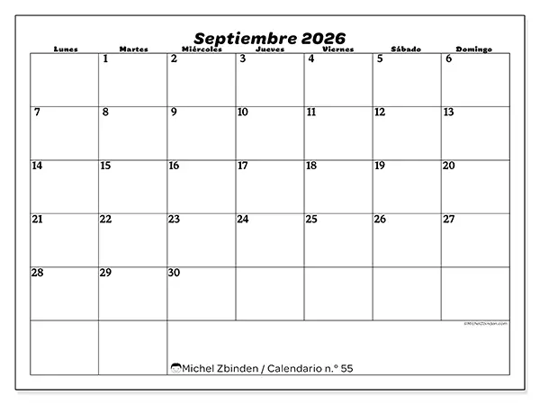 Calendario de septiembre de 2026 para imprimir - Organización del ocio