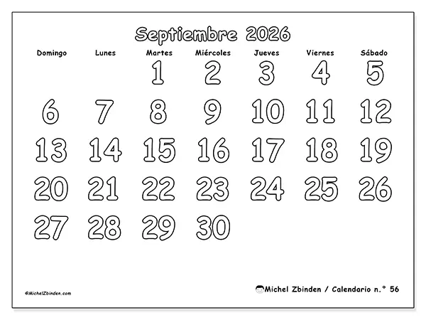 Calendario de septiembre de 2026 para imprimir - Colorear útil - Semana de domingo a sábado