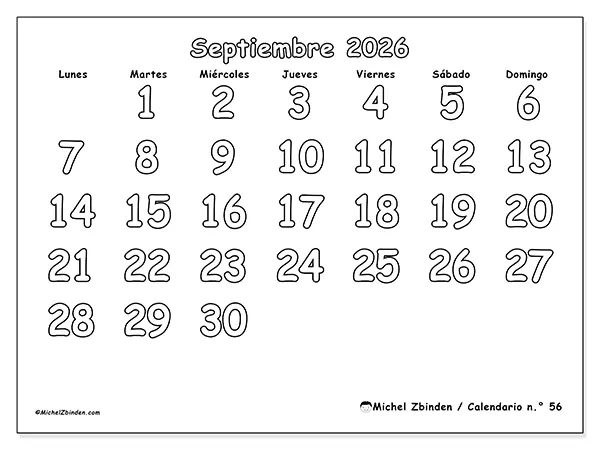 Calendario de septiembre de 2026 para imprimir - Colorear útil