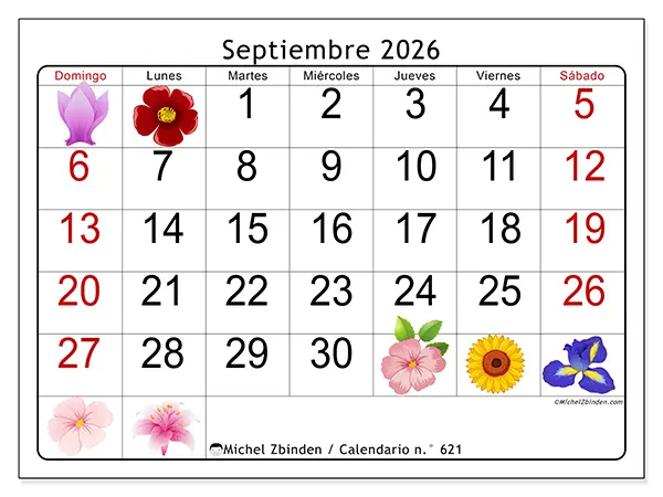 Calendario de septiembre de 2026 para imprimir - Flores grandes - Semana de domingo a sábado