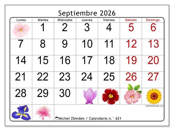 Calendario de septiembre de 2026 para imprimir - Flores grandes