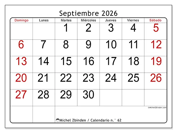 Calendario de septiembre de 2026 para imprimir - Lectura rápida - Semana de domingo a sábado
