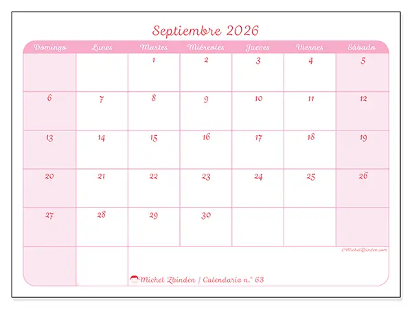 Calendario de septiembre de 2026 para imprimir - Organización en suavidad - Semana de domingo a sábado