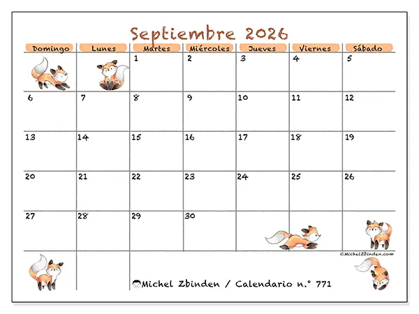 Calendario de septiembre de 2026 para imprimir - Dibujos de zorros - Semana de domingo a sábado