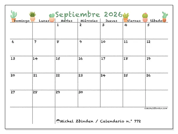 Calendario de septiembre de 2026 para imprimir - Cactus decorativos - Semana de domingo a sábado