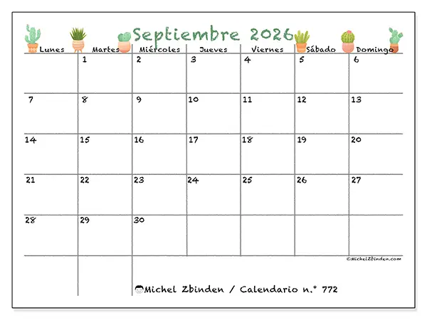 Calendario de septiembre de 2026 para imprimir - Cactus decorativos