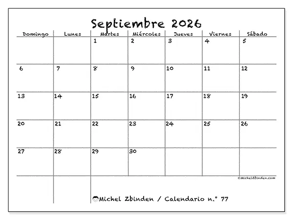 Calendario de septiembre de 2026 para imprimir - Escuela y familia - Semana de domingo a sábado