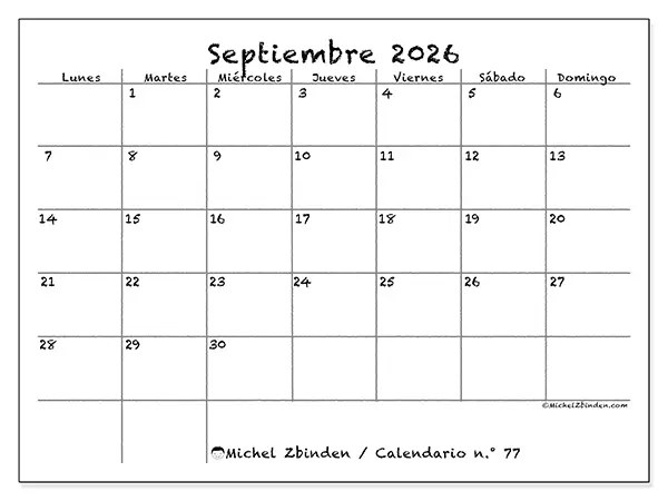 Calendario de septiembre de 2026 para imprimir - Escuela y familia