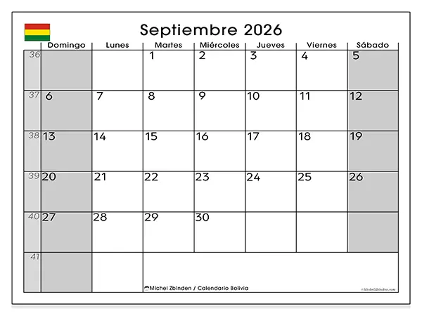 Calendario de septiembre de 2026 para imprimir - Bolivia