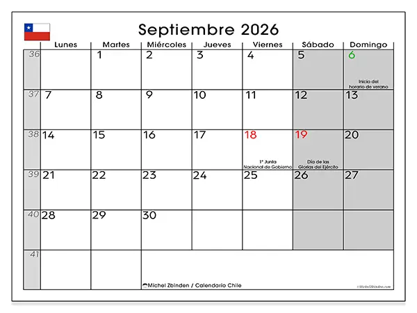 Calendario de septiembre de 2026 para imprimir - Chile
