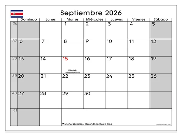 Calendario de septiembre de 2026 para imprimir - Costa Rica
