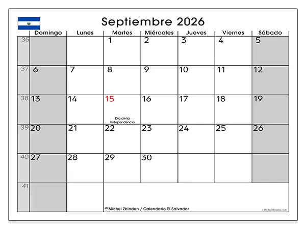 Calendario de septiembre de 2026 para imprimir - El Salvador
