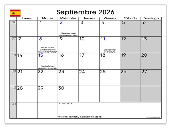 Calendario de septiembre de 2026 para imprimir - España