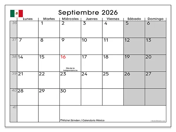 Calendario de septiembre de 2026 para imprimir - México